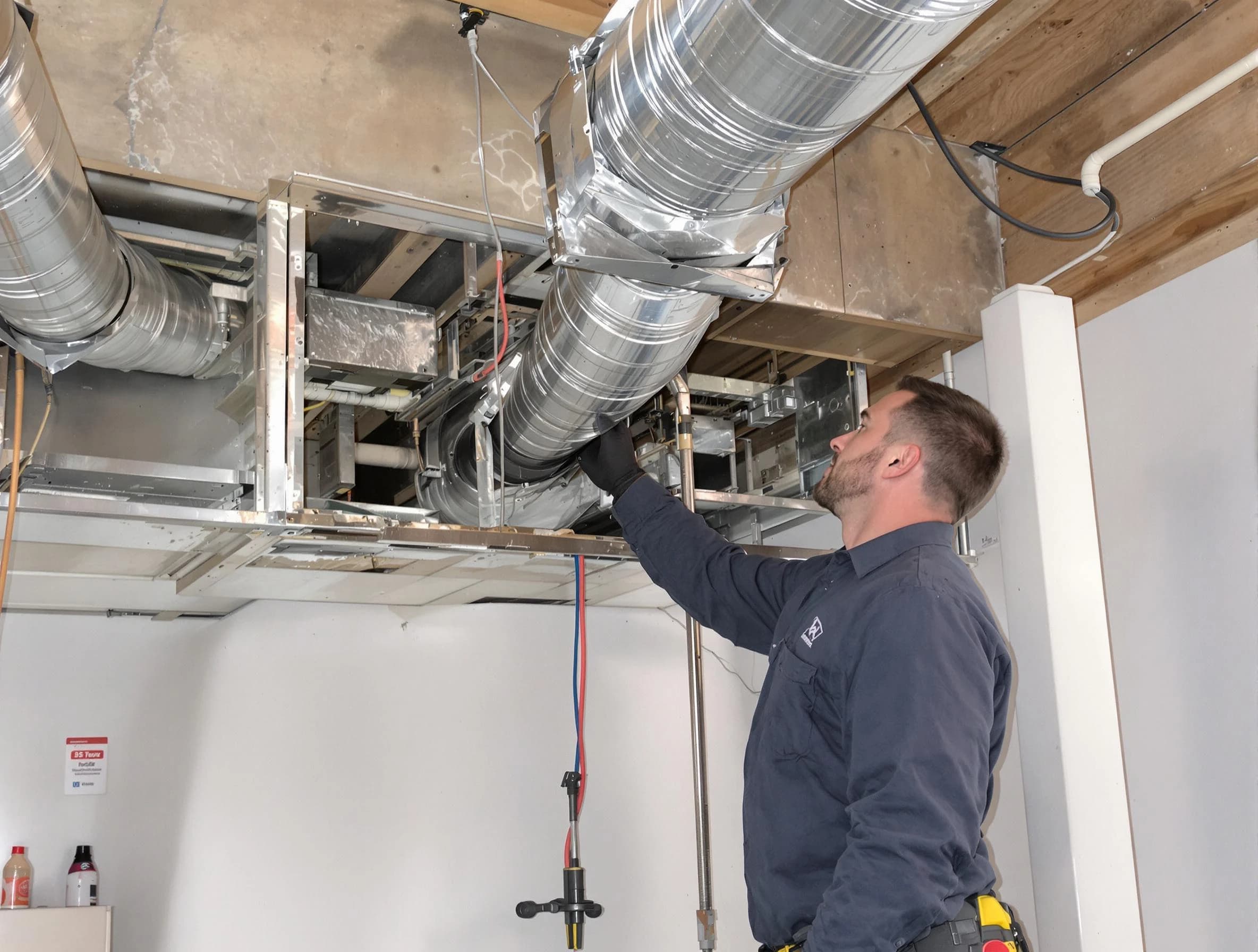Highland Springs Air Duct Cleaning technician performing professional air duct repair using specialized tools in Highland Springs