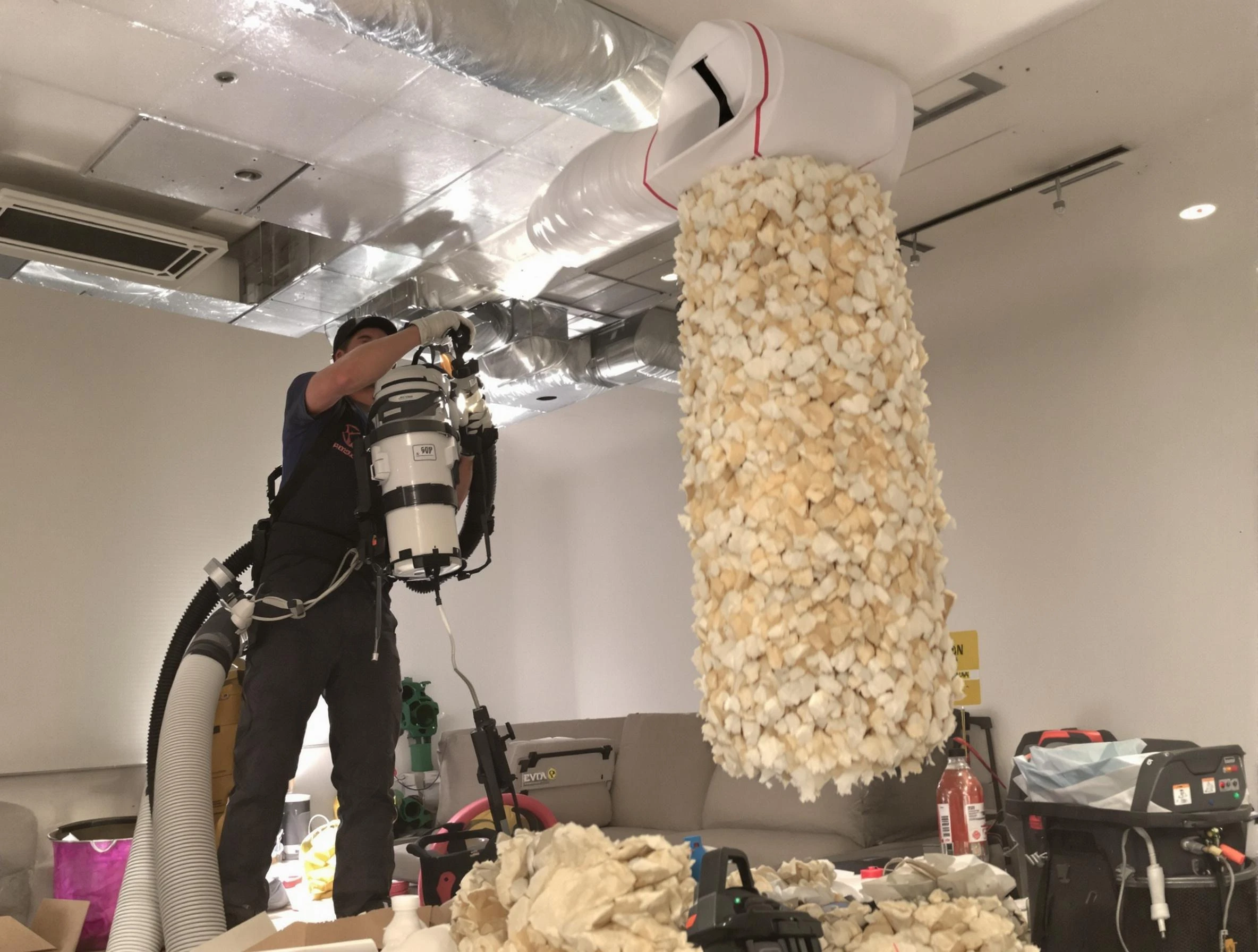 Highland Springs Air Duct Cleaning technician performing precision vacuum insulation removal in a residential property in Highland Springs